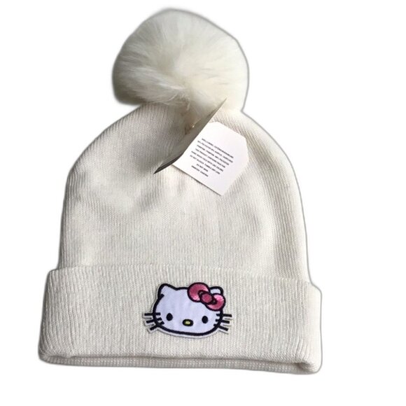 HELLO KITTY with Pink Bow White Pom Pom White Beanie Knit Hat One Size - Picture 1 of 9